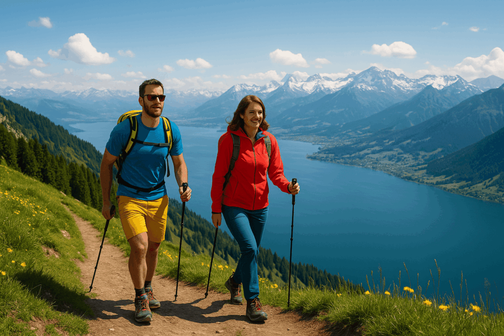 Wandern am Bodensee: Zwei Wanderer auf Bergpfad mit Alpenblick und See