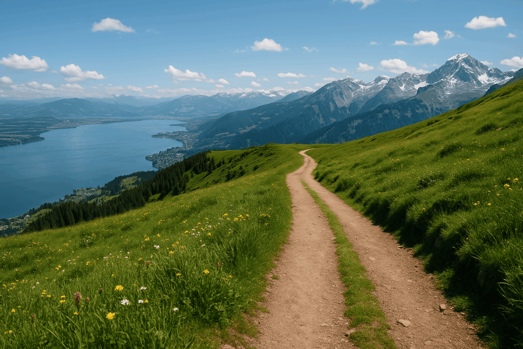 Bergwanderweg mit Blick auf den Bodensee und Alpenpanorama