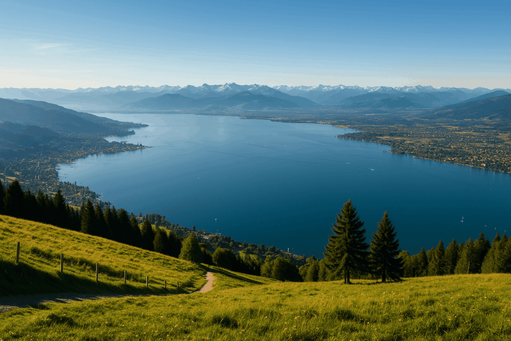 Panorama Bodensee mit Alpenblick bei klarer Sicht und blauem Himmel